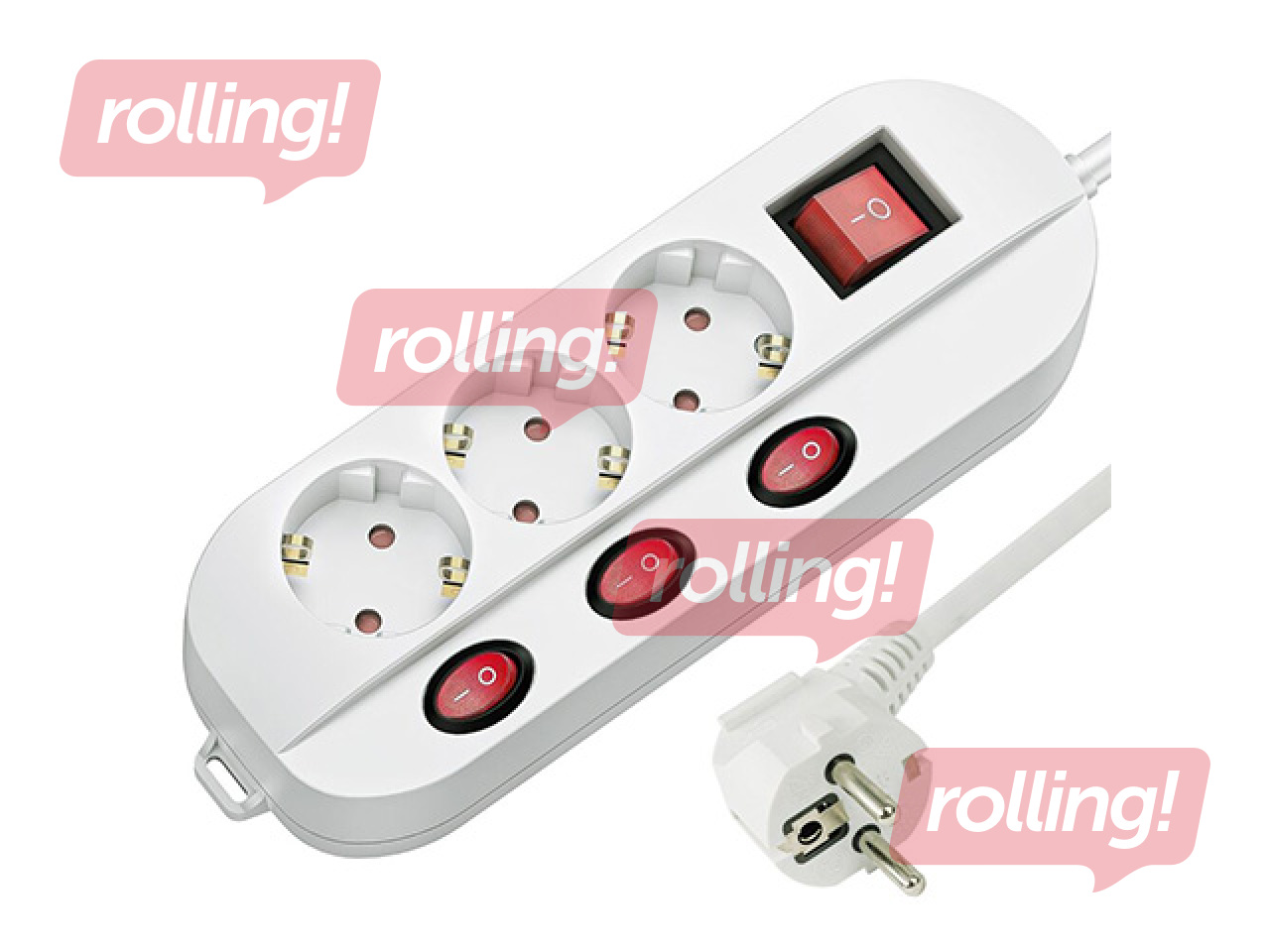 Pagarinātājs 3-vietīgs, ar zemējumu un slēdzi 3+1, balts, 1.5m