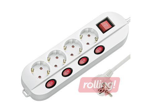 Pagarinātājs 4-vietīgs, ar zemējumu un slēdzi 4+1, balts, 1.5m