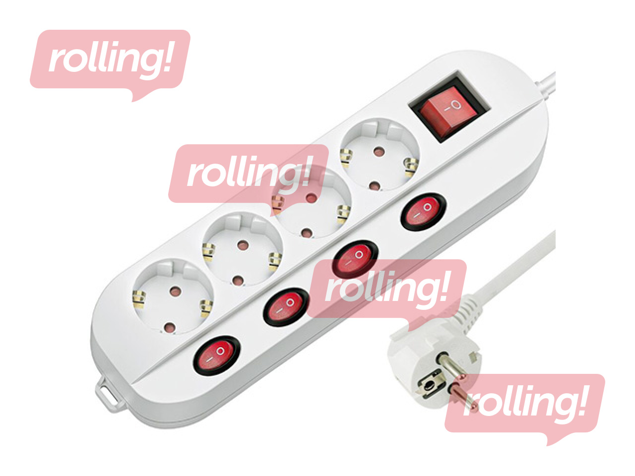 Pagarinātājs 4-vietīgs, ar zemējumu un slēdzi 4+1, balts, 1.5m