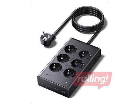 Pagarinātājs 6-vietīgs 1.3 m ar USB lādētāju (3x USB-A, 1x USB-C), melns UGREEN