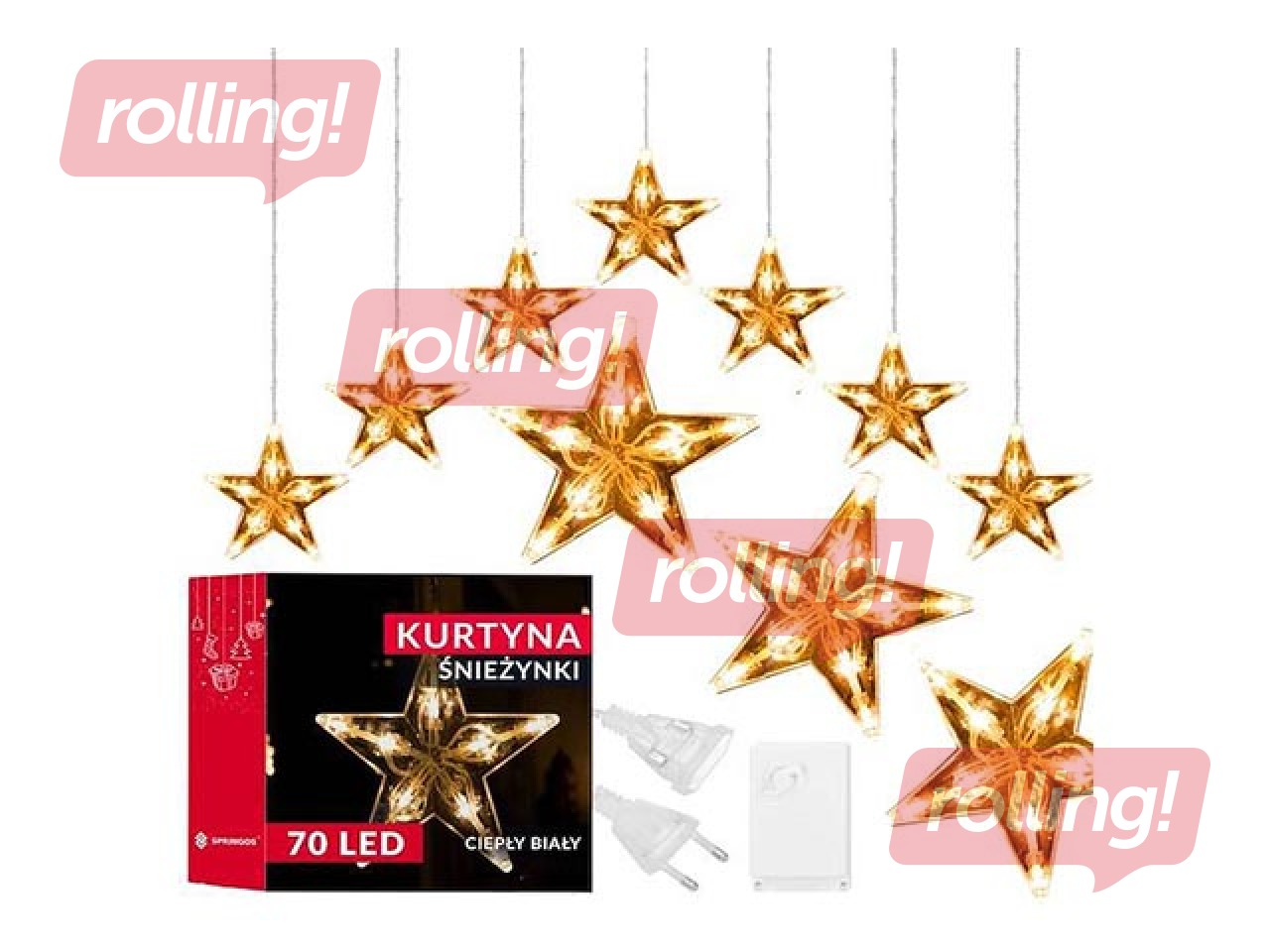 Elektriskā lampiņu virtene Springos, sniegpārsliņu aizkars, 70 LED, silti balta, 4m