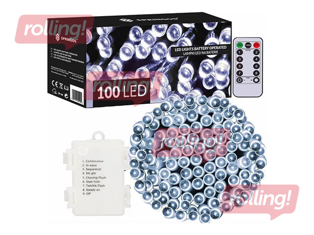 Elektriskā lampiņu virtene Springos, 100 LED, auksti balta, 10.5m