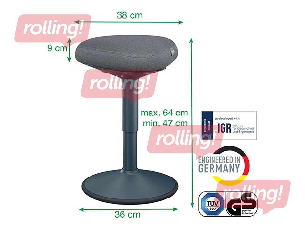 Aktīvās sēdēšanas krēsls Leitz Ergo, ar komfortablu sēdekli, pelēks