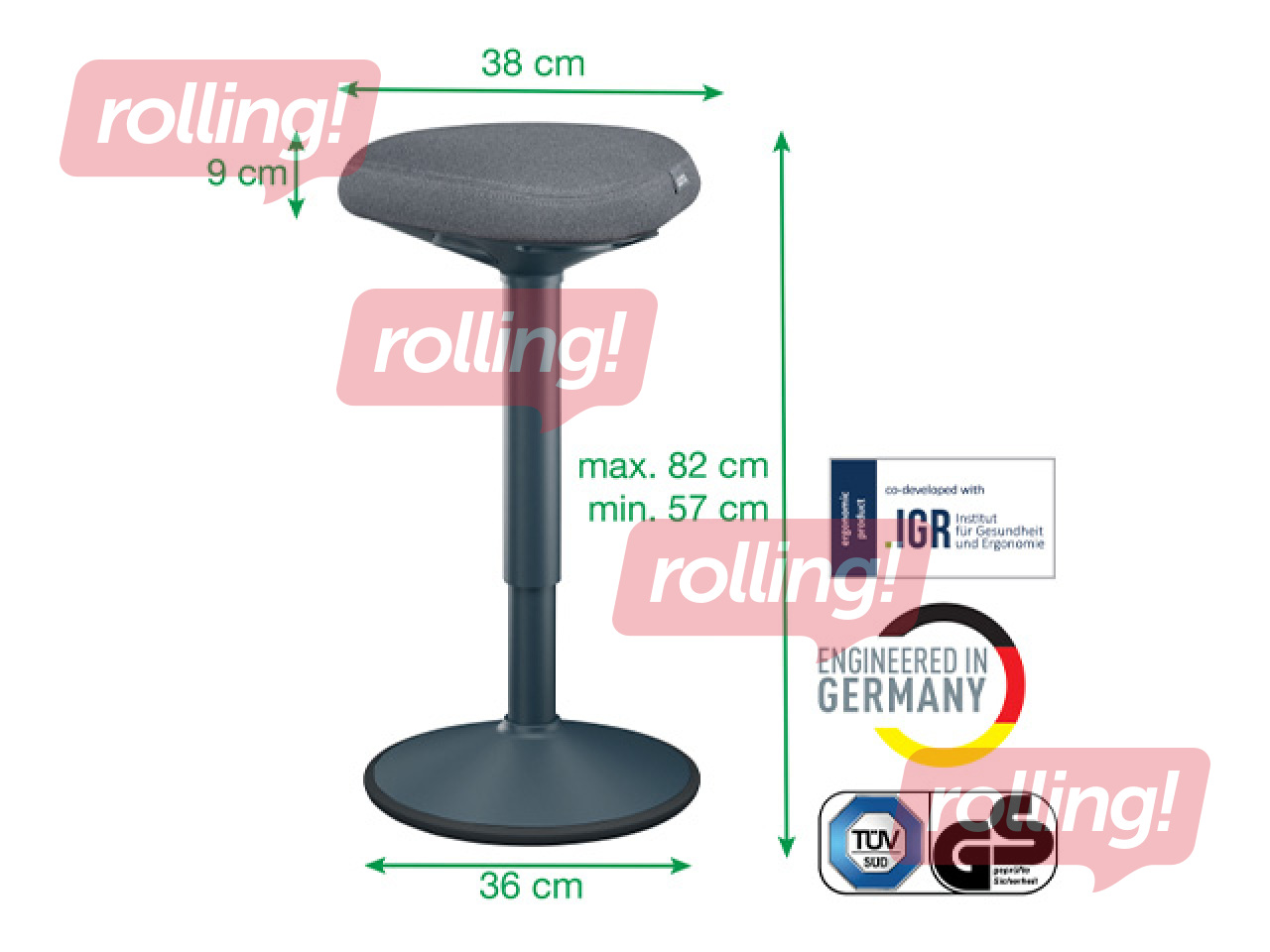 Aktīvās stāvēšanas krēsls Leitz Ergo, ar komfortablu sēdekli, pelēks