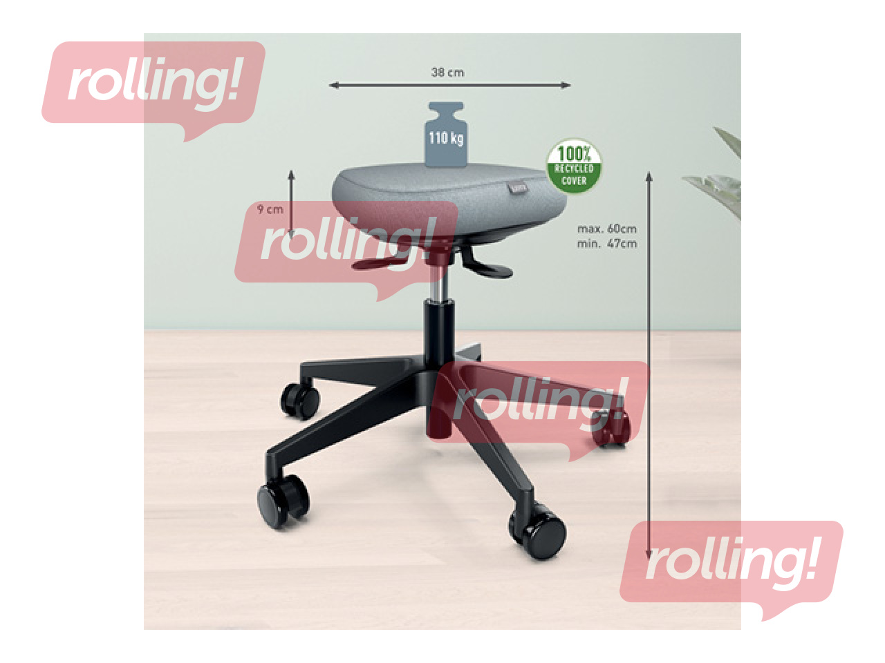 Aktīvās sēdēšanas krēsls Leitz Ergo, ar komfortablu kustīgo sēdekli, ar riteņiem, melns, pelēks