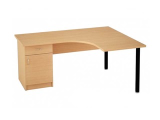 Biroja galds, stūra, ar sānu skapīti, atvilktni un durvīm, kļavas toņa virsma