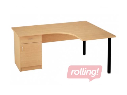 Office desk, corner, with side cabinet, drawer and door, maple-tone surface