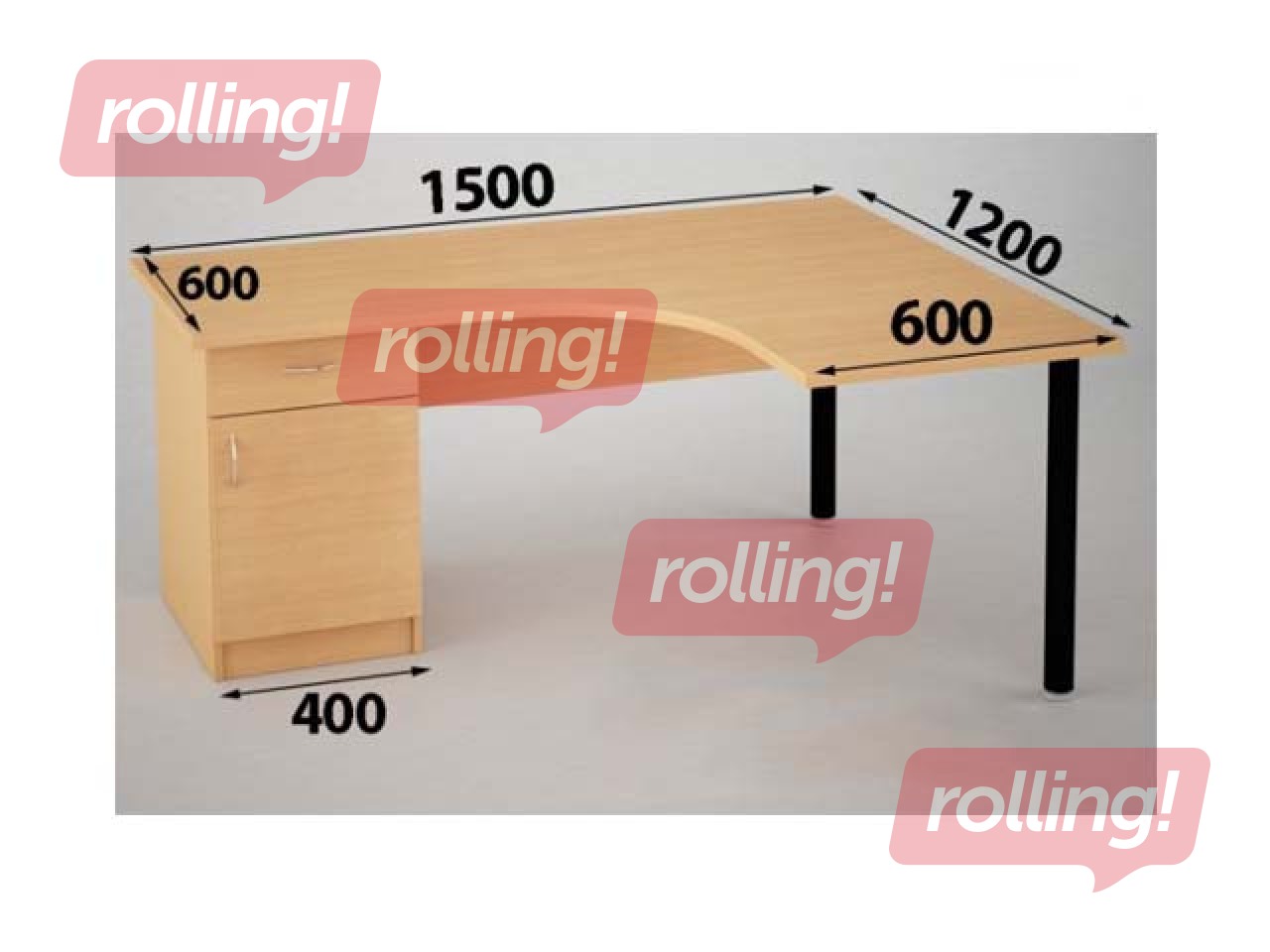 Office desk, corner, with side cabinet, drawer and door, maple-tone surface