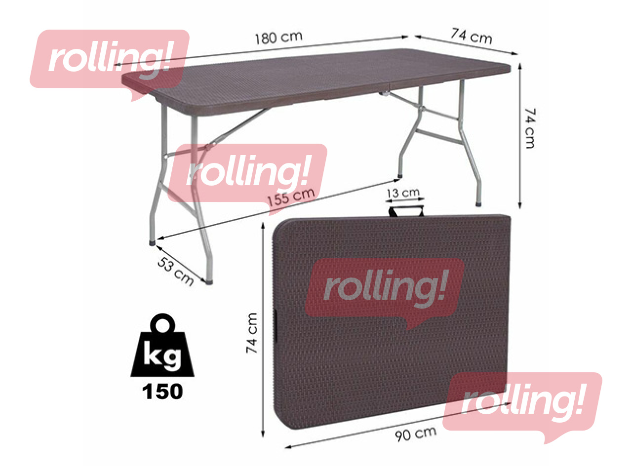 Galds Springos, saliekams, pelēks rāmis, brūna virsma, 180x74x74cm