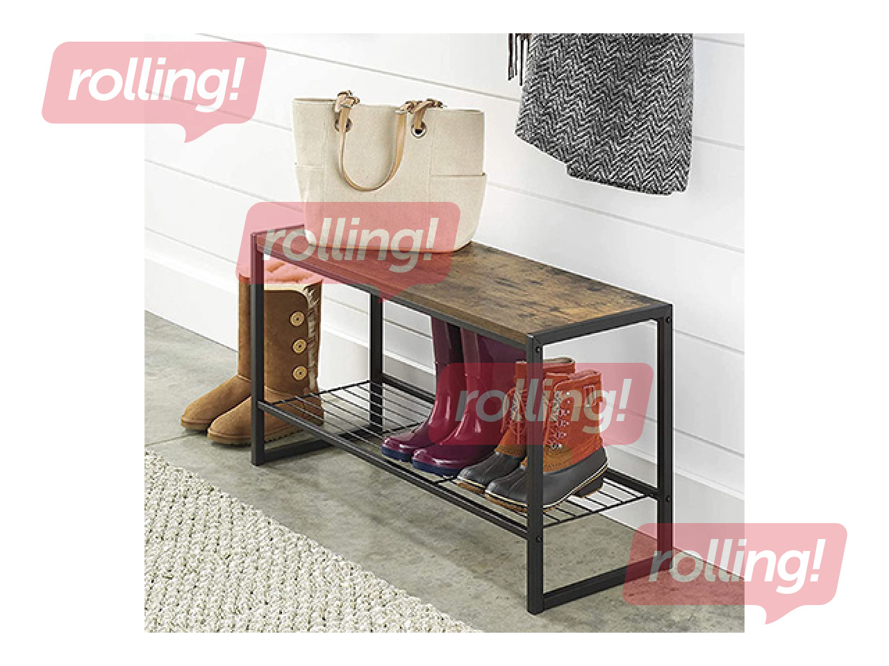 Apavu plaukts Domoletti, Arina, ar solu, melns rāmis, koka toņa virsma, 80x30x45cm