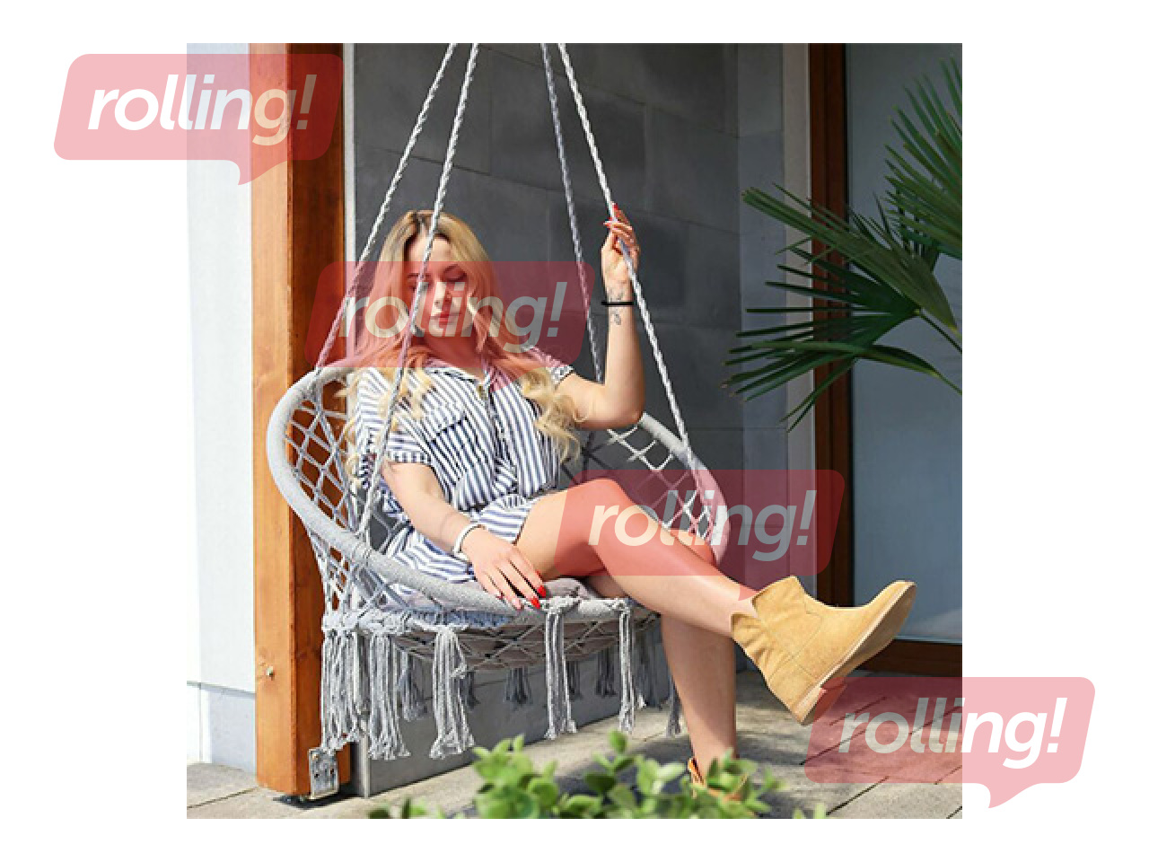 Hanging chair Springos, with fringes, grey