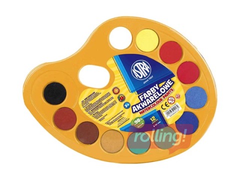 Akvareļkrāsas Astra ar paleti, 12 krāsas, d=30 mm