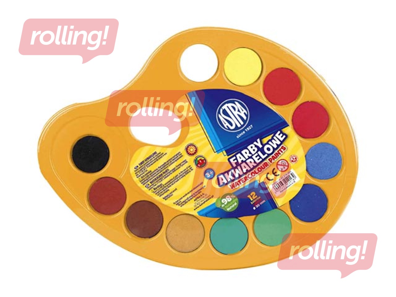 Akvareļkrāsas Astra ar paleti, 12 krāsas, d=30 mm