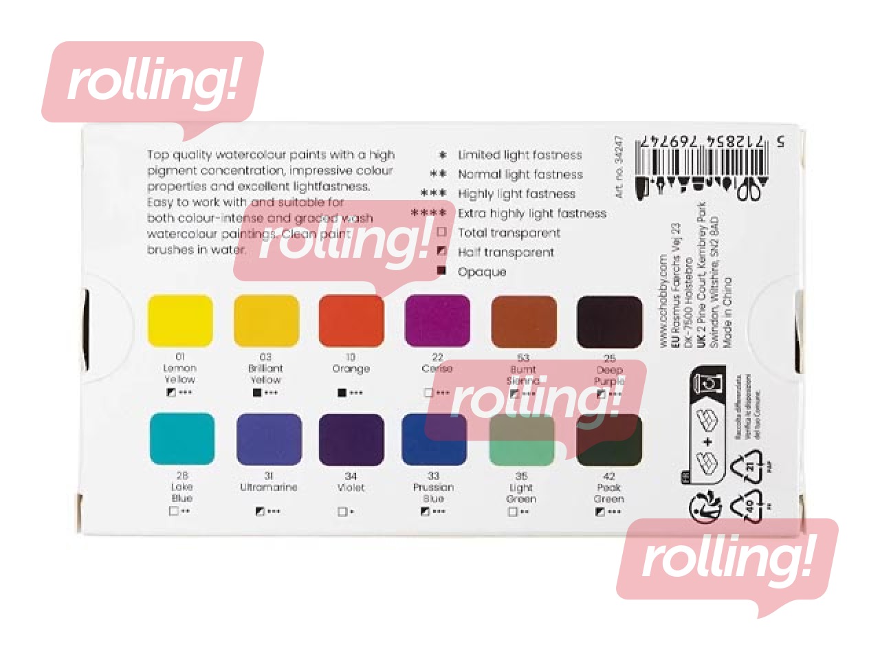 Akvareļkrāsas Creativ Company, metāla kastītē, 12 krāsas