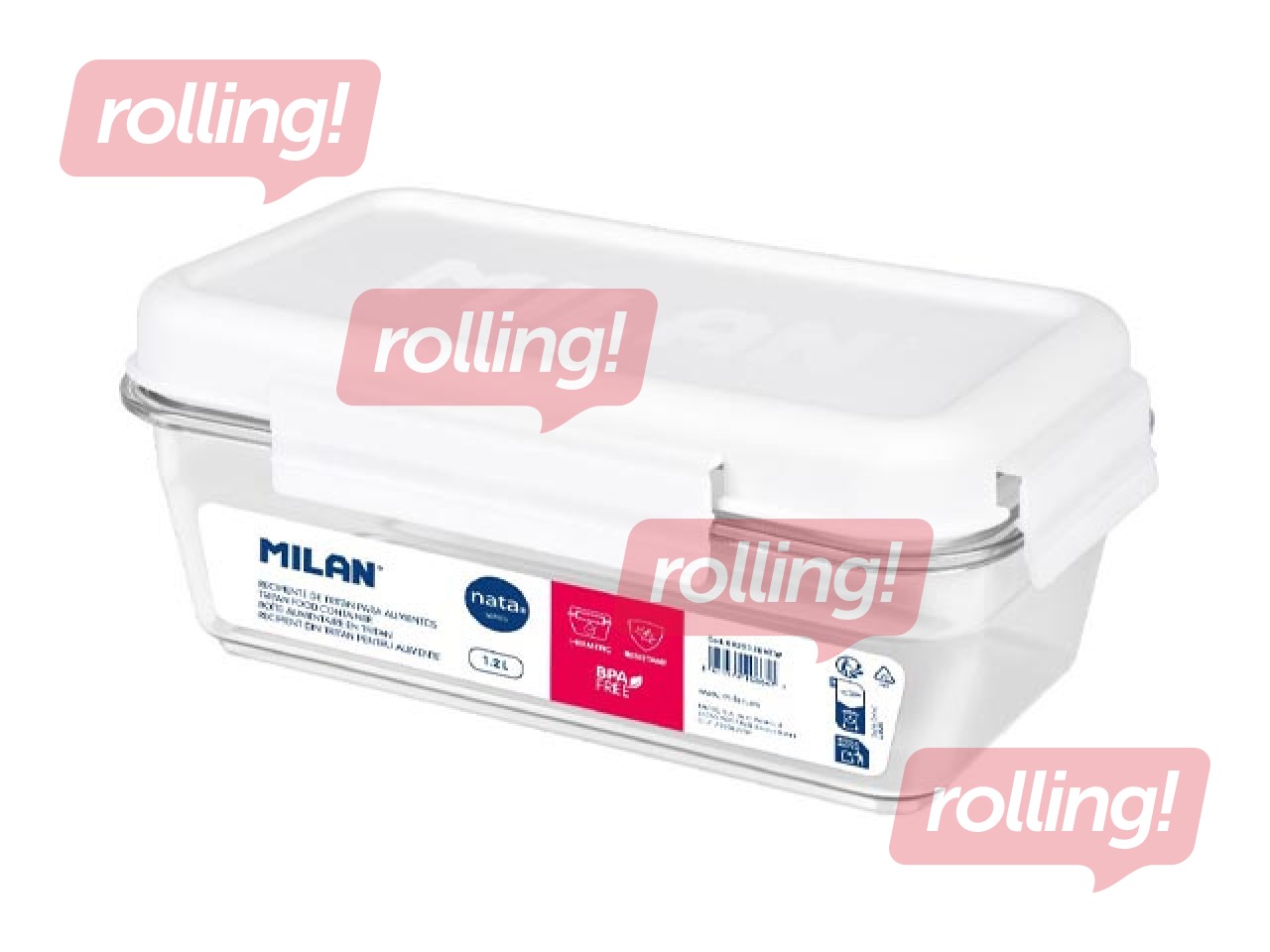 Контейнер для еды Milan, Nata, прямоугольный, прозрачный с белой крышкой, 1.2л
