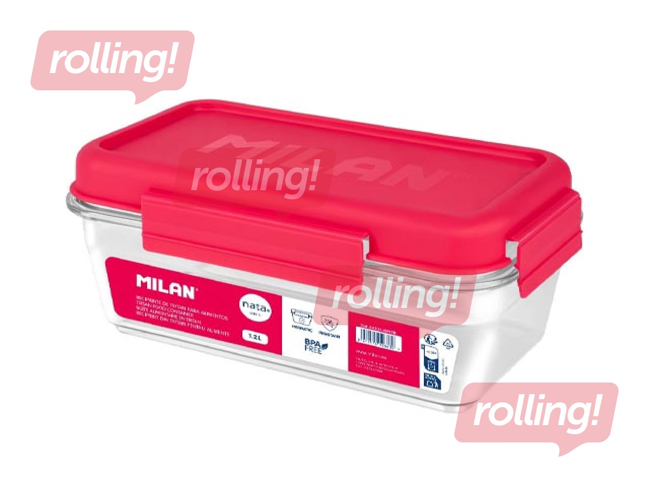 Pusdienu kaste Milan Nata, taisnstūra, caurspīdīga ar rozā vāku, 1.2l