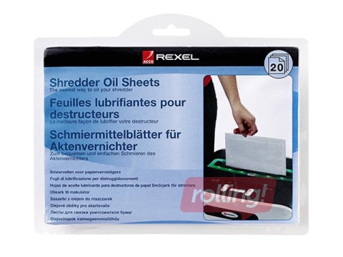 Eļļošanas lapas dokumentu smalcinātājiem Rexel, A5 izmērs, 20 gab. iepakojumā 