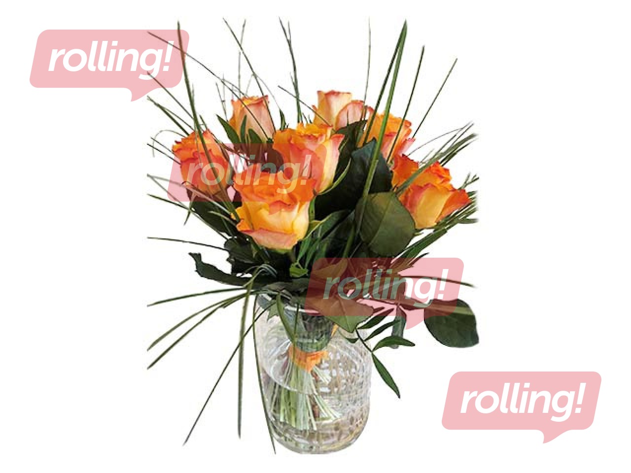 7 rožu pušķis ar zaļumiem un dekoratīvu lentu, (40cm)