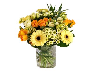 Букет из лизант, роз и маленьких герберов (диаметр ок. 30см)