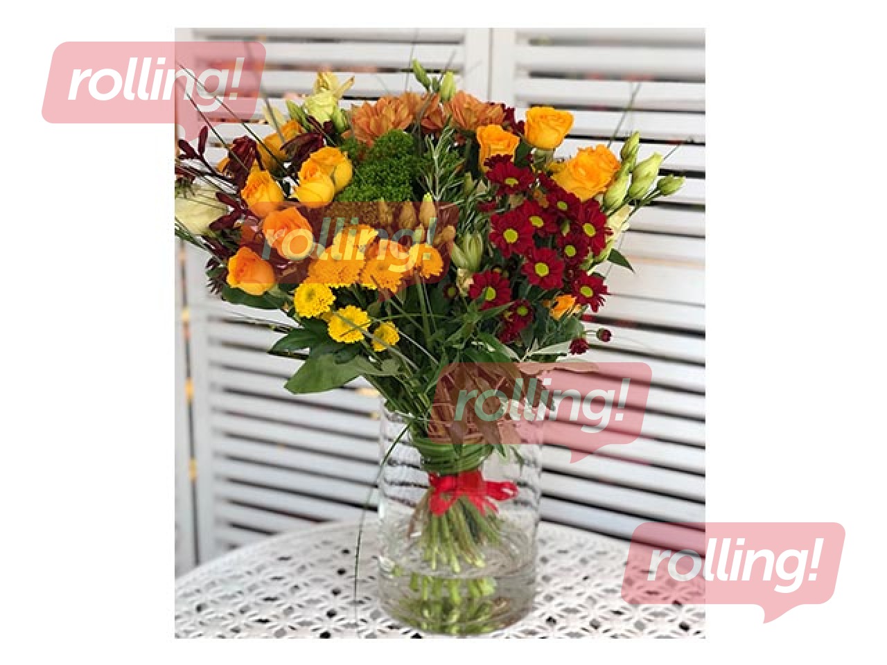 Flower bouquet with chrysanthemums, roses, lysanthems (diameter about 35cm)