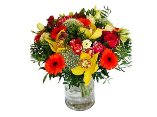 Flower bouquet of gerberas, roses - round, (diameter about 35cm)