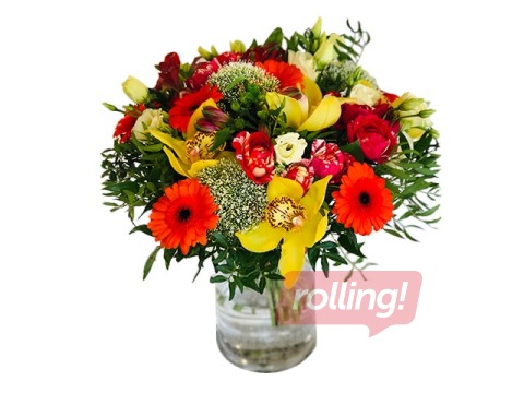 Ziedu pušķis no gerberām, rozēm, lizantēm  - apaļš, (diametrs apm. 35cm)