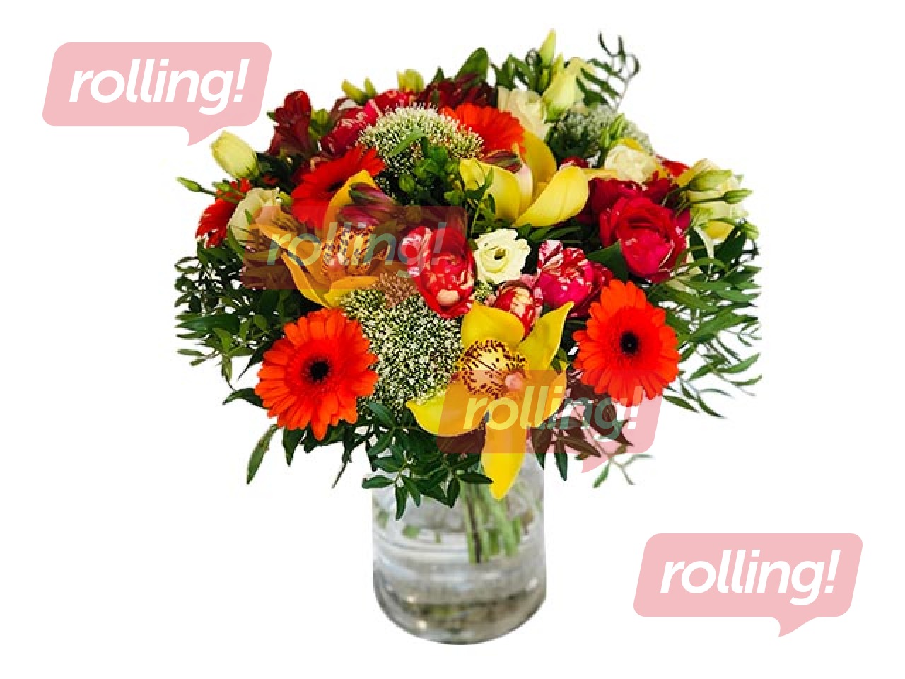 Ziedu pušķis no gerberām, rozēm, lizantēm  - apaļš, (diametrs apm. 35cm)