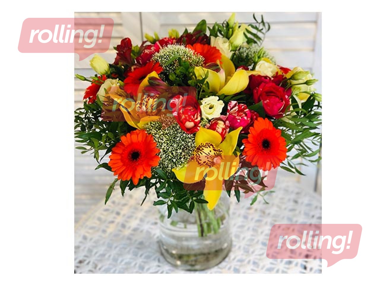 Ziedu pušķis no gerberām, rozēm, lizantēm  - apaļš, (diametrs apm. 35cm)