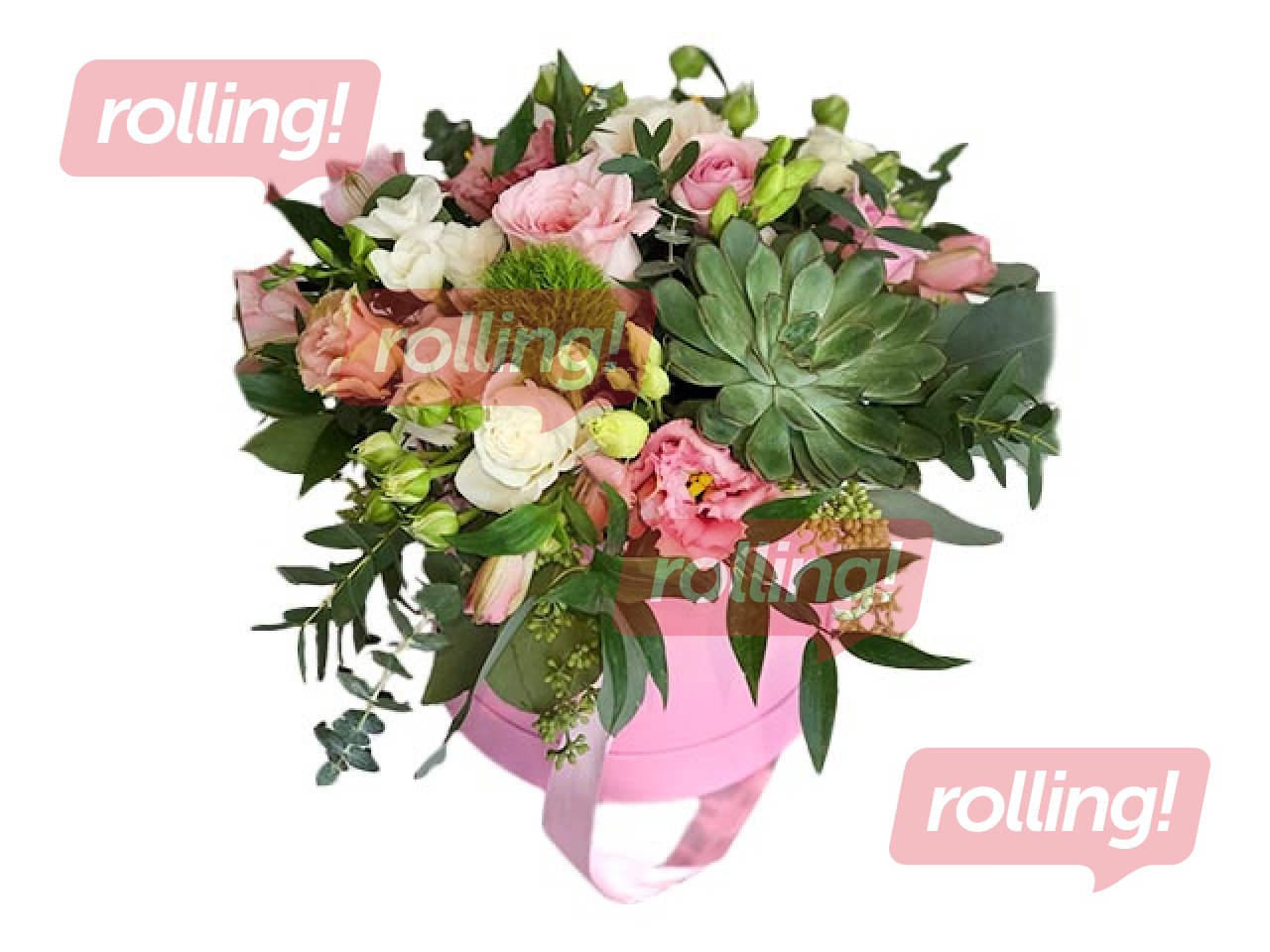 Ziedu kompozīcija kastītē, no dažādiem ziediem (diametrs 30cm) (piegāde tikai Rīgā un Rīgas rajonā)