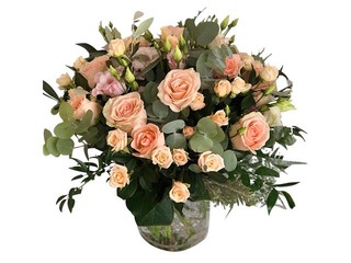 Bouquet of 2-3 types of roses and lysanthes (about 40 cm in diameter)