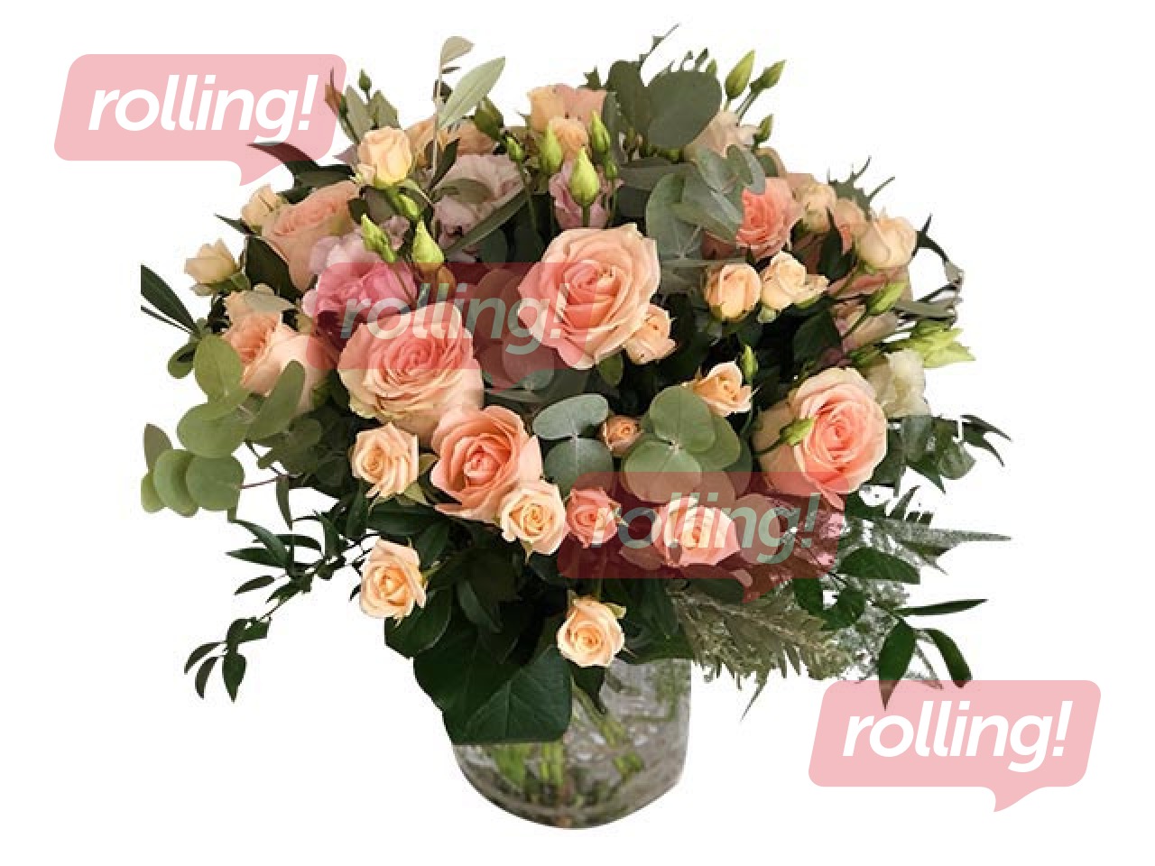 Ziedu pušķis veidots no 2-3 veidu rozēm un lizantēm (diametrā apm. 40 cm)