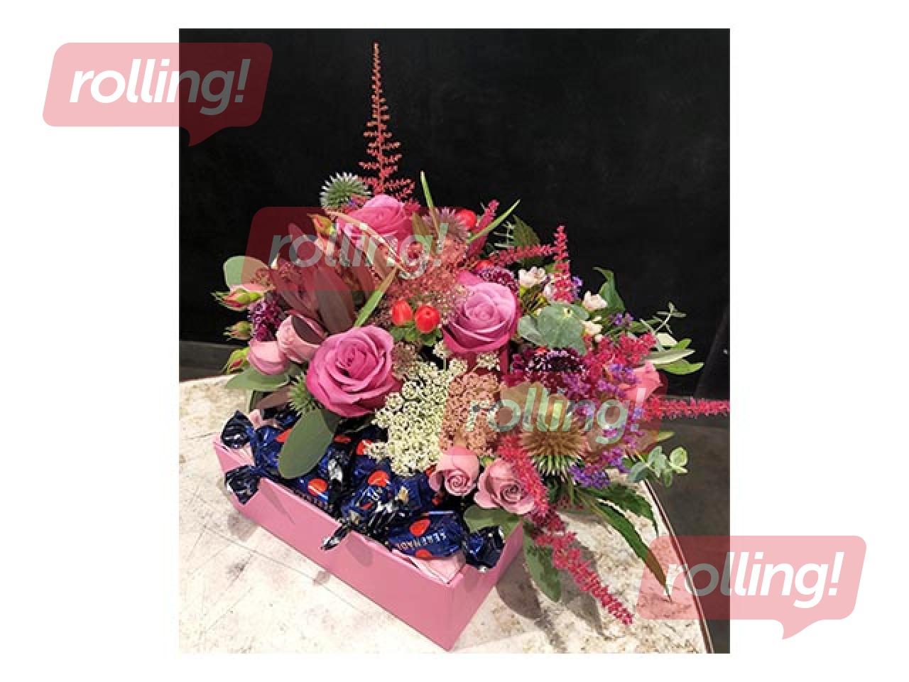 Ziedu kompozīcija Saldākai dienai ar Serenādes konfektēm (piegāde tikai Rīgā un Rīgas rajonā)