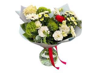 Flower bouquet of gerberas, carnations, lisianthuses, roses and other flowers, Ø49cm