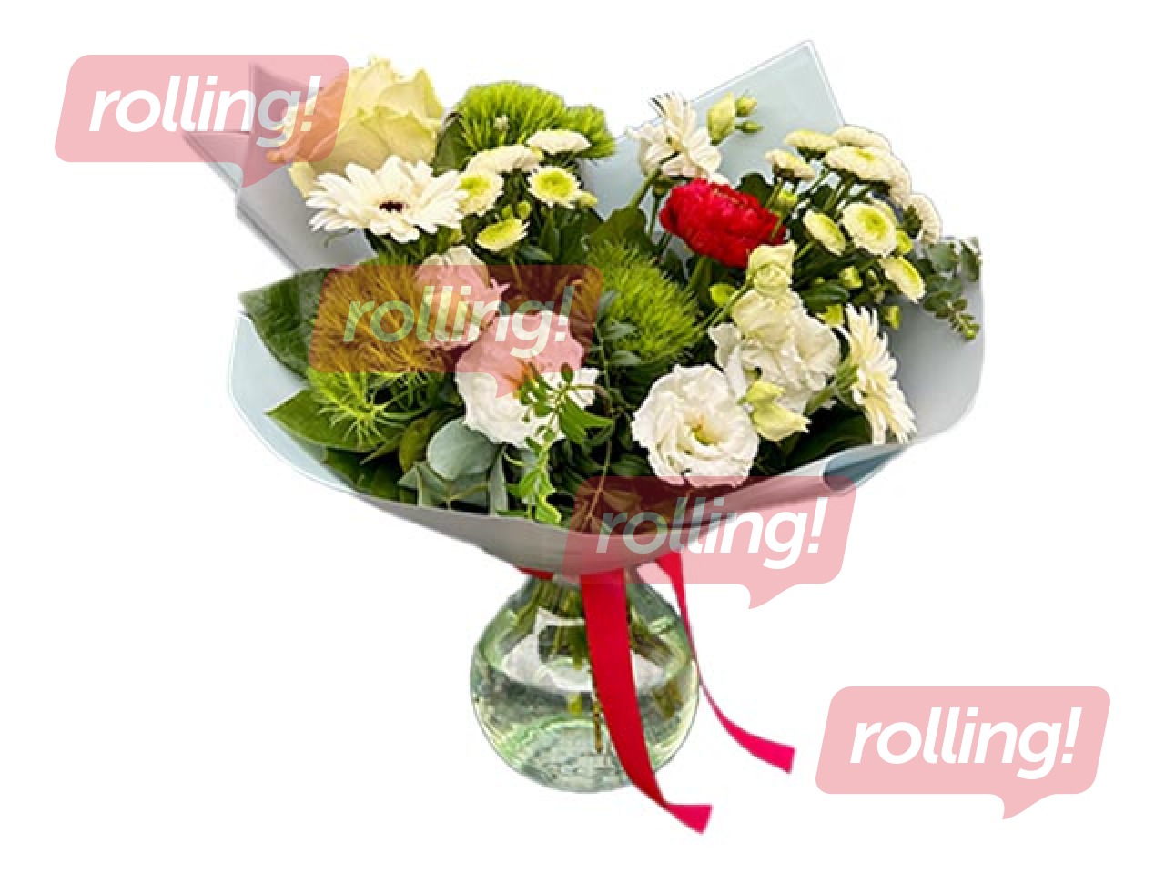 Ziedu pušķis no gerberām, neļķēm, lizantēm, rozēm un citiem ziediem, Ø49cm