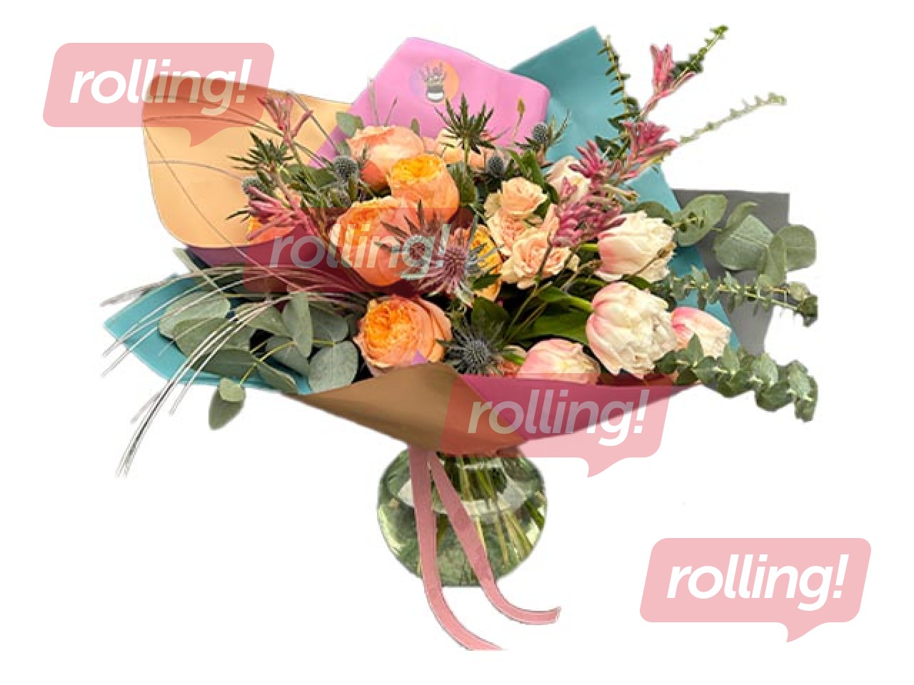 Ziedu pušķis no rozēm, tulpēm un zaļumiem, Ø52cm