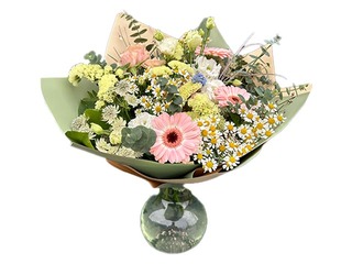 Flower bouquet with gerberas, lisianthuses, shrub roses, and greens, Ø42cm