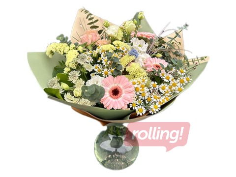 Ziedu pušķis no gerberām, lizantēm, krūmrozēm un citiem ziediem un zaļumiem, Ø42cm