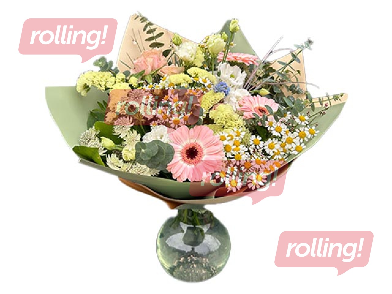 Ziedu pušķis no gerberām, lizantēm, krūmrozēm un citiem ziediem un zaļumiem, Ø42cm