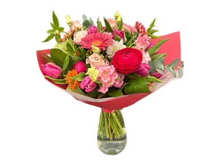 Flower bouquet with gerberas, ranunculi, tulips, lisianthus and other flowers and greenery, Ø43cm