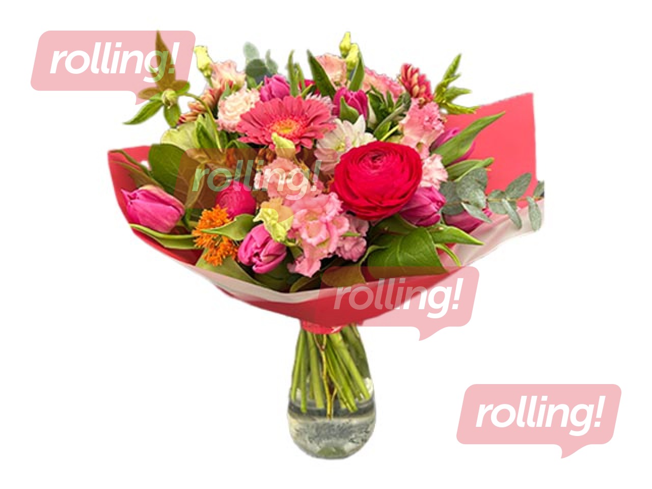 Ziedu pušķis no gerberām, ranunkuļiem, tulpēm, lizantēm un citiem ziediem un zaļumiem, Ø43cm