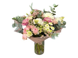Flower bouquet with spray roses, lisianthus, chrysanthemums, carnations and other flowers an
