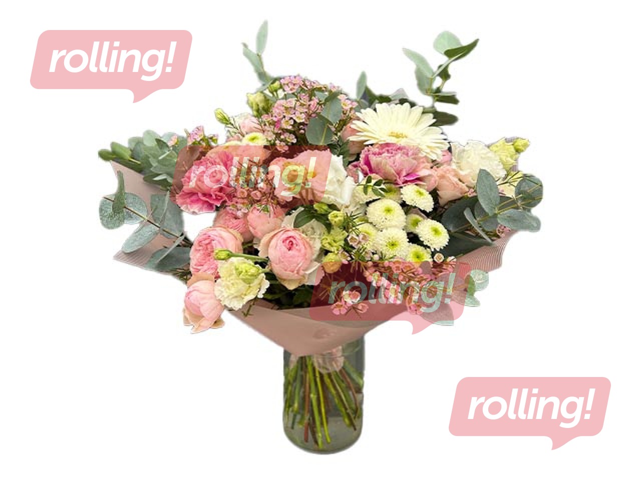 Цветочный букет из кустовых роз, эустомы, хризантем, гвоздик и других цветов с зеленью, Ø52см