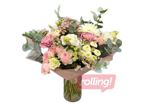 Ziedu pušķis no krūmrozēm, lizantēm, krizantēmām, neļķēm un citiem ziediem un zaļumiem, Ø52cm