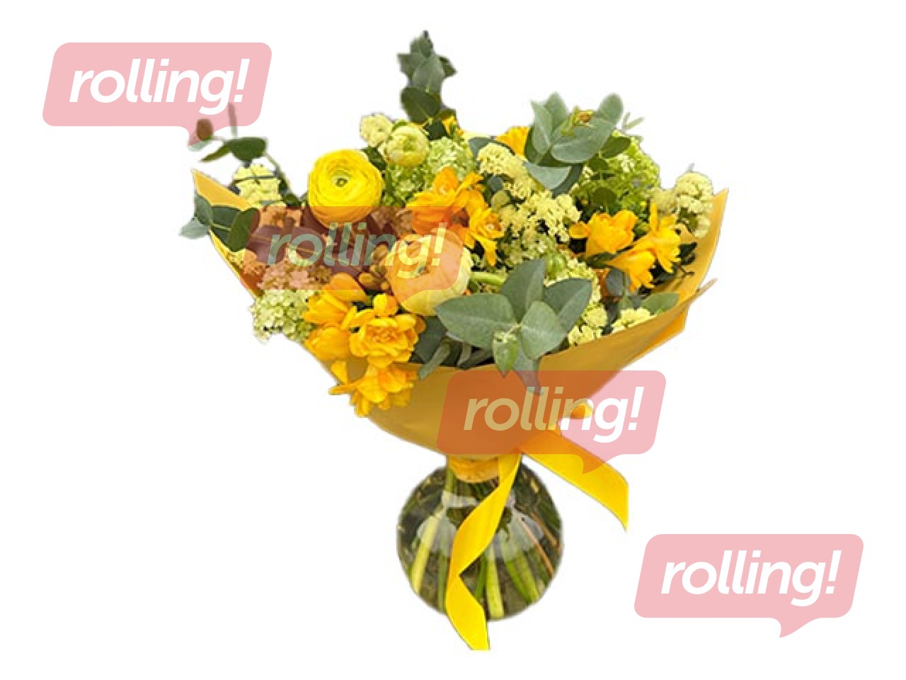 Ziedu pušķis no ranunkuļiem, frēzijām un citiem ziediem un zaļumiem, Ø40cm