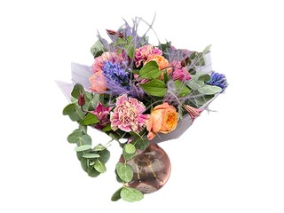 Flower bouquet with roses, carnations, hyacinths, other flowers, feathers and greenery, Ø40cm