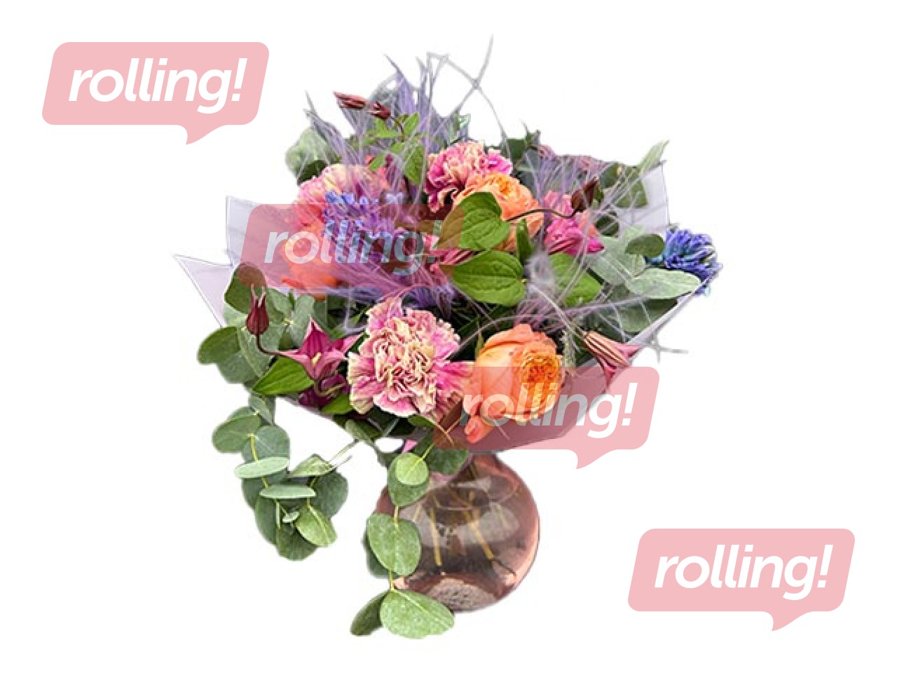 Ziedu pušķis no rozēm, neļķēm, hiacintēm un citiem ziediem, spalvām un zaļumiem, Ø40cm