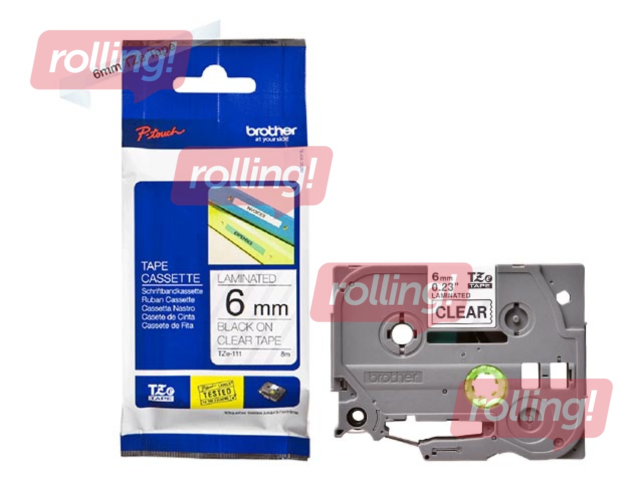 Ламинированная лента Brother  TZe-111 шириной 6 мм x 8 м, Чёрный текст на прозрачном фоне