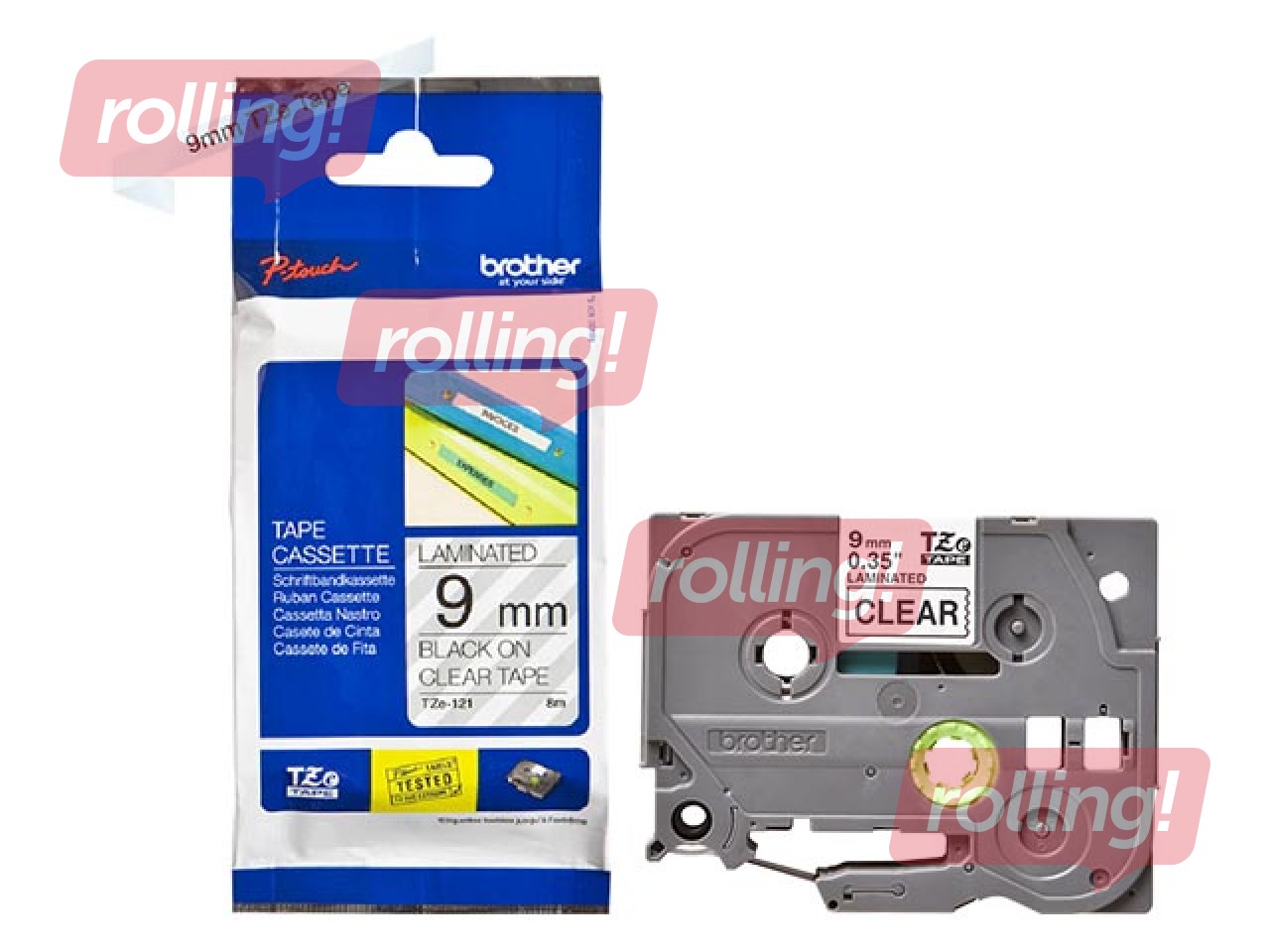Ламинированная лента Brother TZe-121 шириной 9 мм x 8 м, Чёрный текст на прозрачном фоне