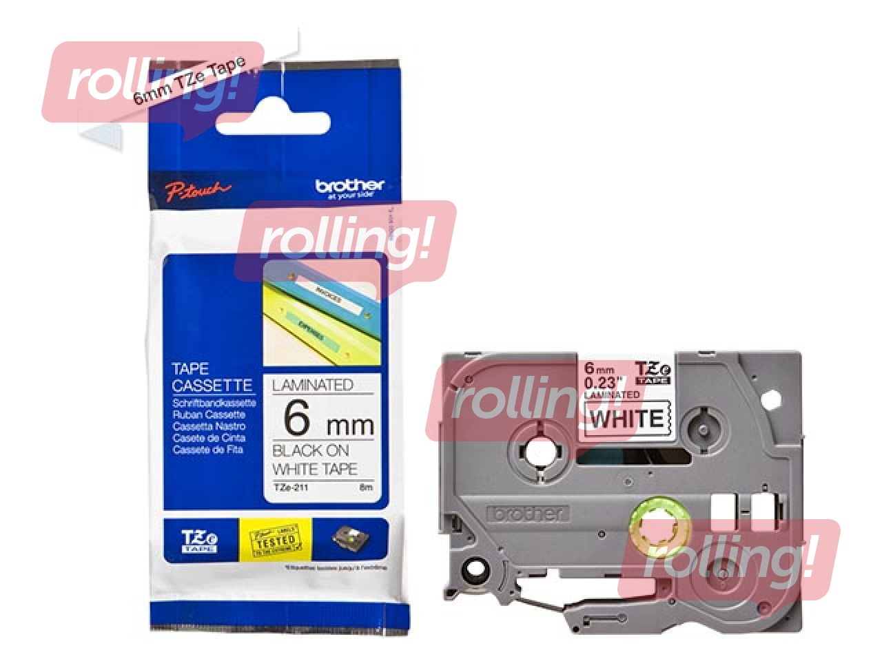 Lente Brother TZe-211, Melns uz balta, 6mm, 8 m, laminēta