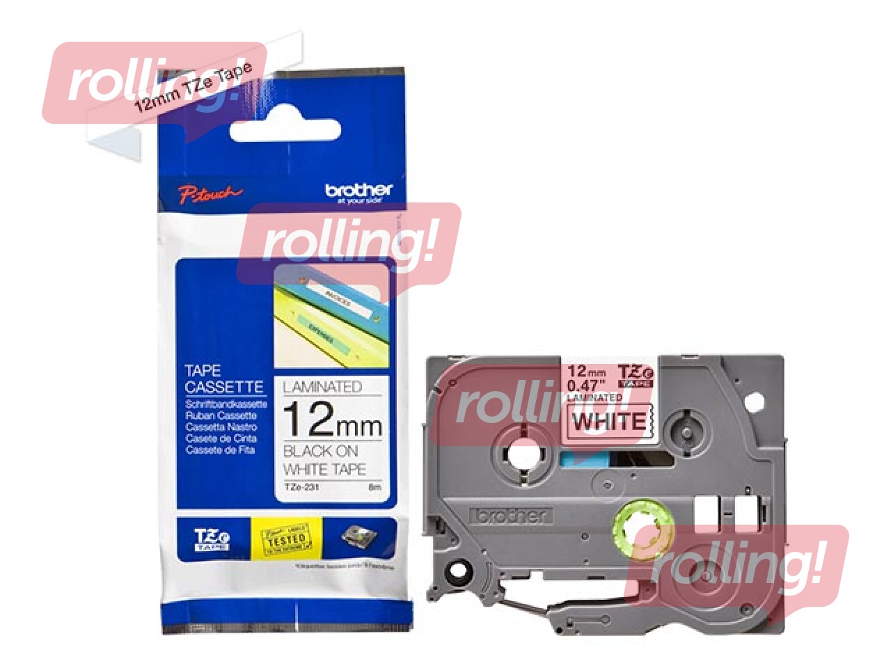 Lente Brother TZe-231, Melns uz balta, 12mm, 8 m, laminēta